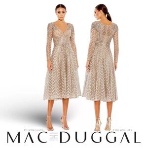 Mac Duggal Embellished Long Sleeve Wrap Over Dress, Taupe, 20399, Size 18